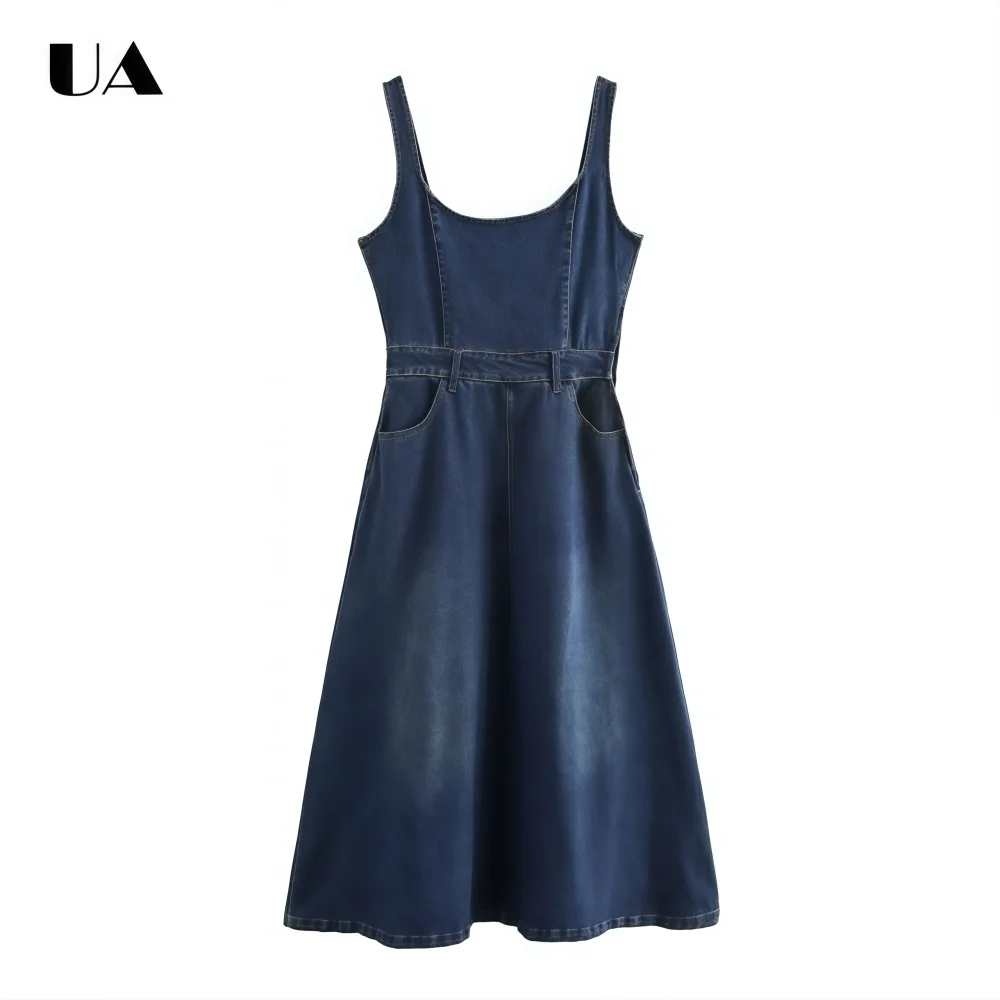

Fashionable Denim A-line Sleeveless Midi Dress Vintage Scoop Neck Zipped Long Dresses for Women Commuter Style Belt Empire Dress