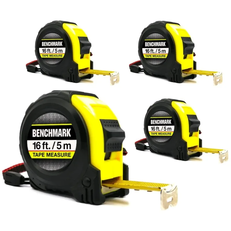 

Benchmark - 4 Pack of 16ft Tape Measures - Retractable, Auto Lock, Metric and Imperial (feet and Centimeters), Tough Outer Shell