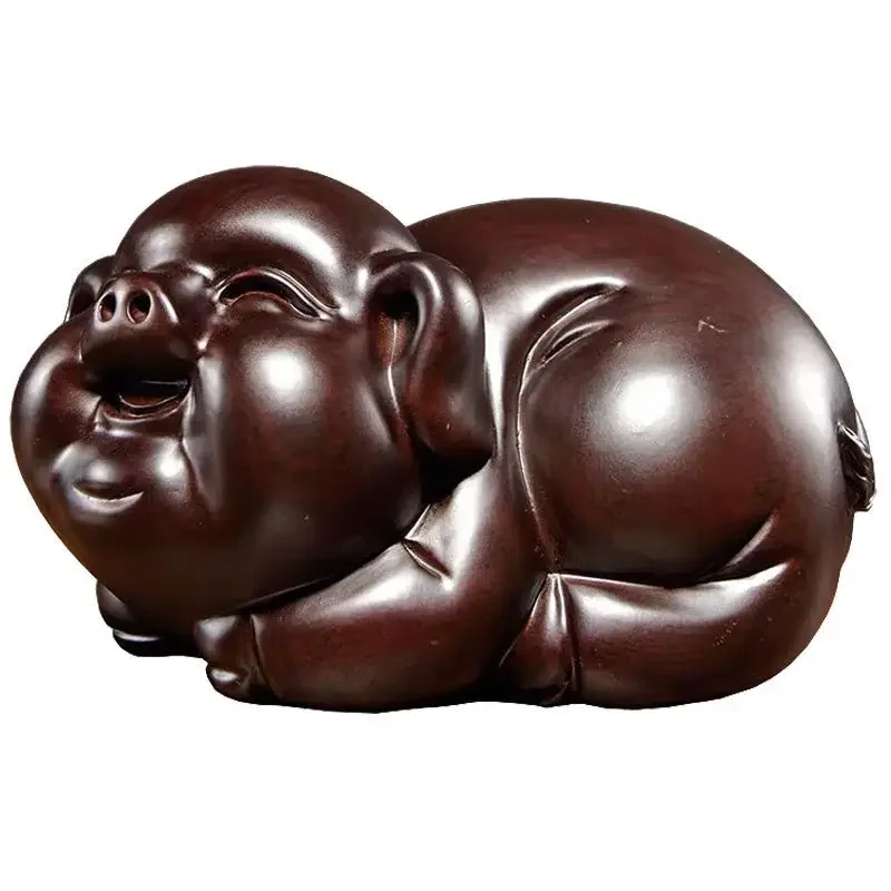 High Quality Lucky Cute Pig Solid Wood Carving Office Decoration Ebony Mahogany Artifact Artware Propitious Gift Mainland China view 3