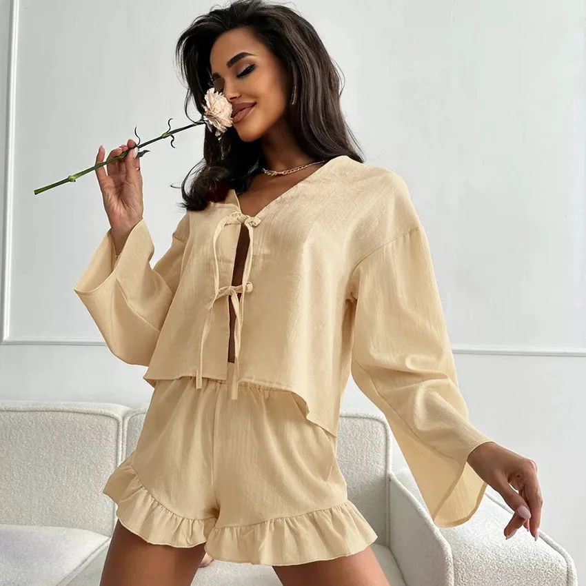 2024 New Pure Cotton Long-sleeved Ruffled Shorts Pajamas For Women With Loose Laces Comfortable And Skin-friendly Home Clothes