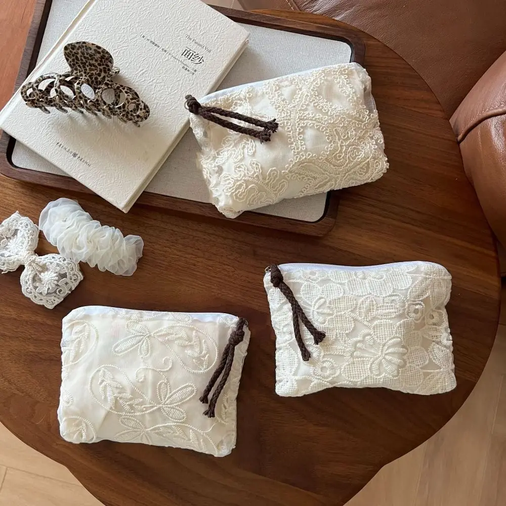 Organza Lace Embroidered Storage Bag Flower Cute Jewelry Storage Bag Multicolor Embroidery Zipper Cosmetic Bag Travel Essentials