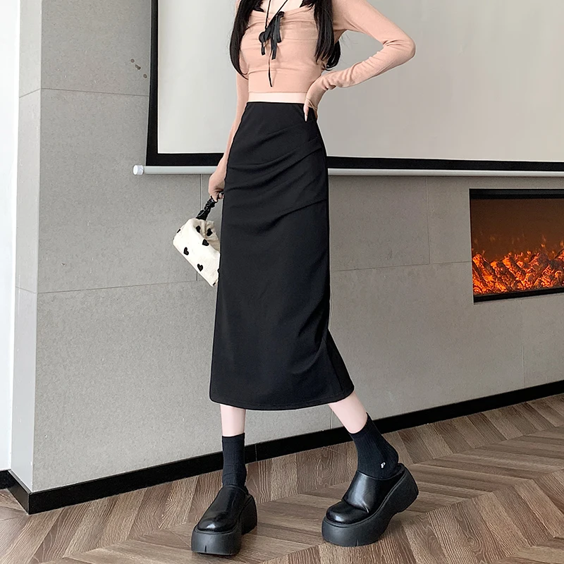 2024 Autumn Winter New Wrinkled Split Skirt High Waist Black Slim Long Skirt Vintage  Harajuku