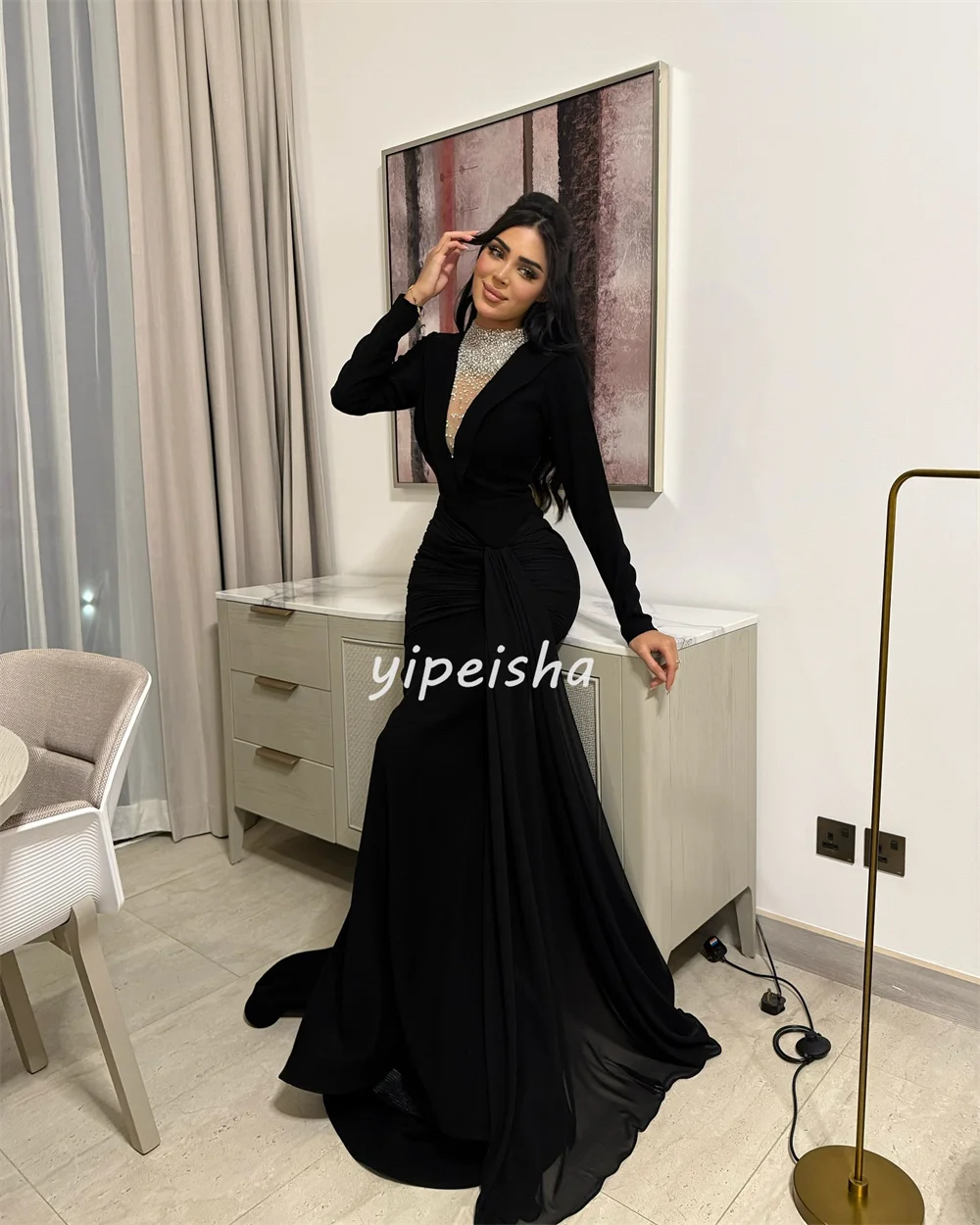 Customized High Quality Intricate Chiffon Rhinestone Pleat Mermaid High Collar Long Dresses Bespoke Occasion Dresses Elegant
