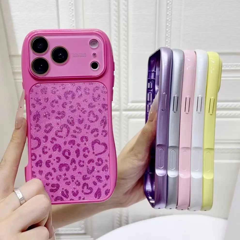 Luxury Glitter Love Heart Leopard Print Texture Phone Case For iPhone 17 16 15 14 13 Pro Max Camera Lens Protect Shockproof Cove view 2