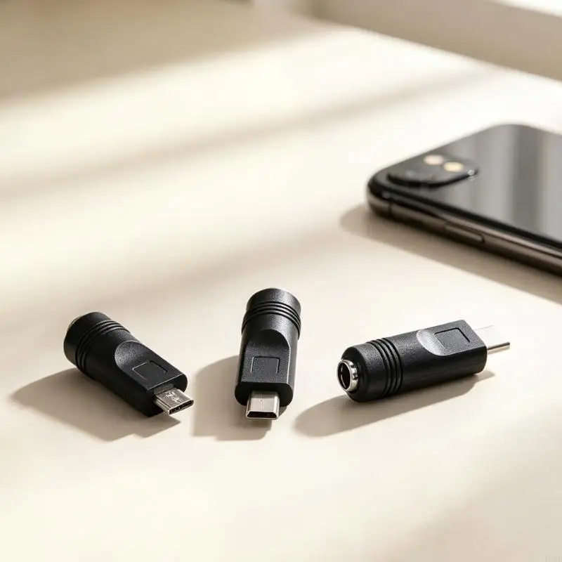 E1PF 5V Charge-Only Tip Set for Small Devices, 3 Pack with 5.5x2.1mm Female Input and Mini USB Type C Male Ends, Black Spare