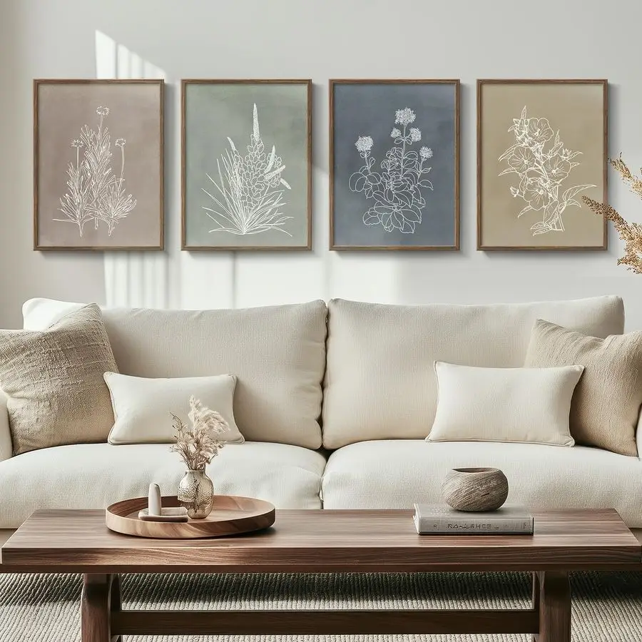 

Boho Botanical Wall Art for Living Room, 4 Piece Rustic Floral Canvas Painting Prints, Vintage Minimalist Neutral Flower Artwork