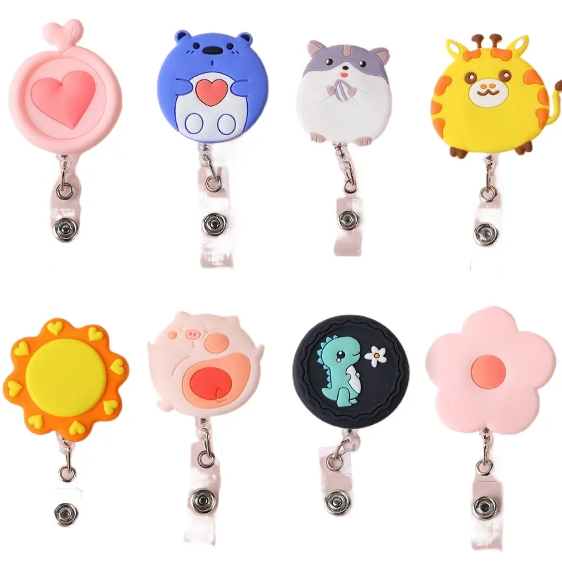 2025 New Design 1 Piece Silicone Retractable Nurse Badge Reel Cute Bear Pig Bunny Love Heart Flowers ID Card Holder Lanyard