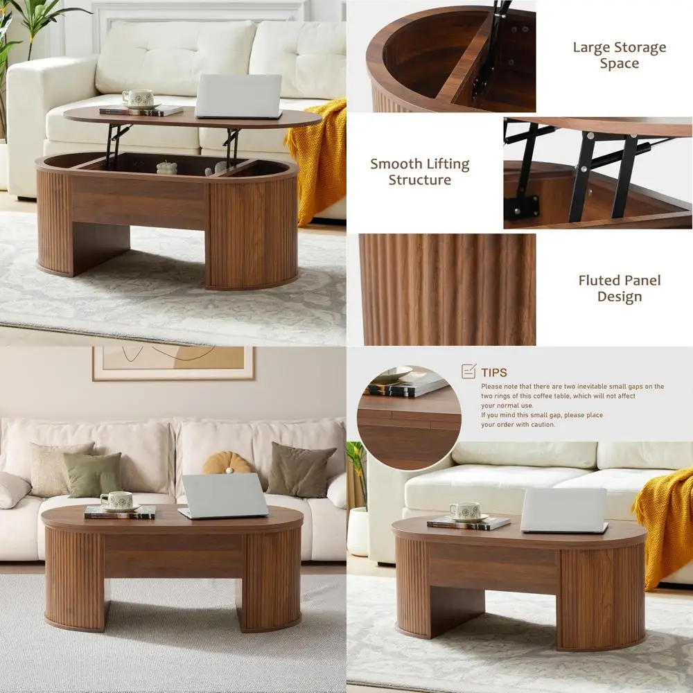 Oval Lift-Top Coffee Table with Hidden Storage, Mid-Century Style