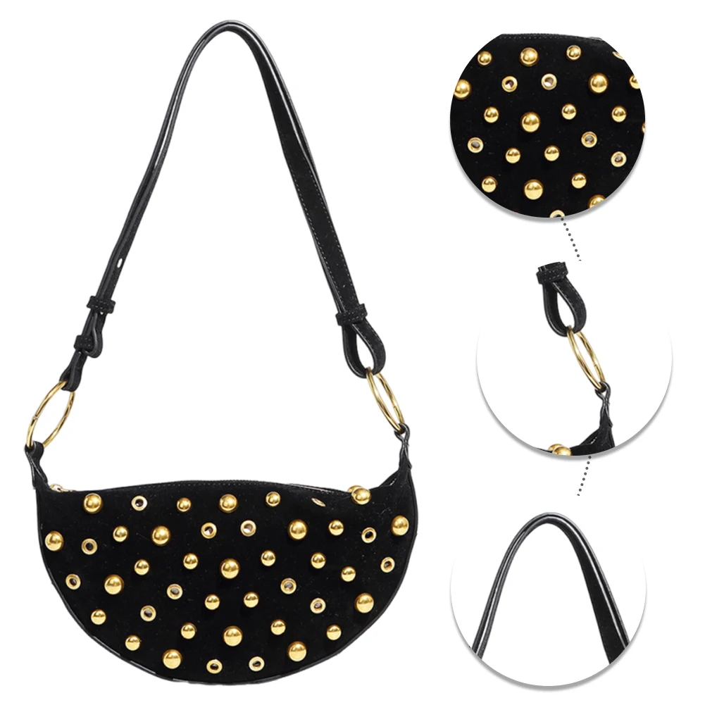 

Women Retro Rivet Shoulder Bag Large Capacity Rivet Crescent Bag Wear Resist Vintage Sling Bag Date Party Bag
