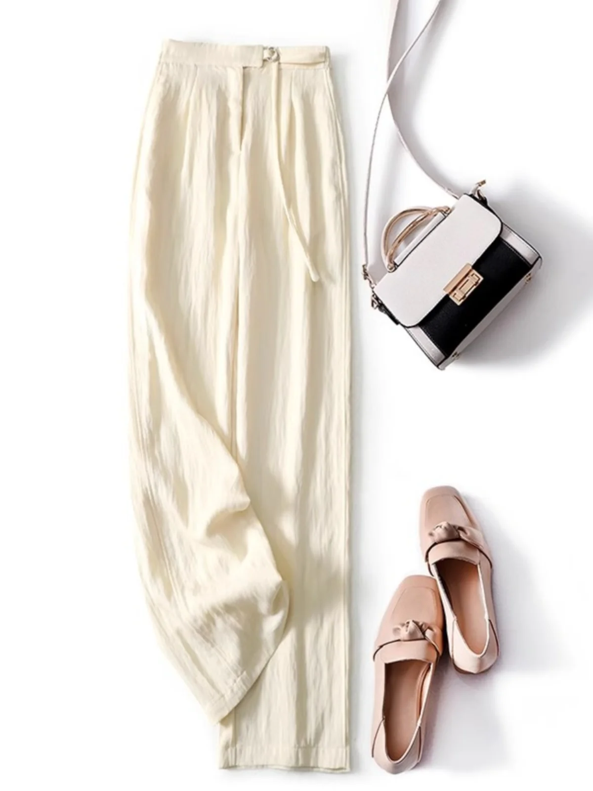 Pantalon taille haute à jambes larges, Version étroite, en soie et chanvre, coupe droite, Texture plissée, pantalon décontracté d'été pour femmes