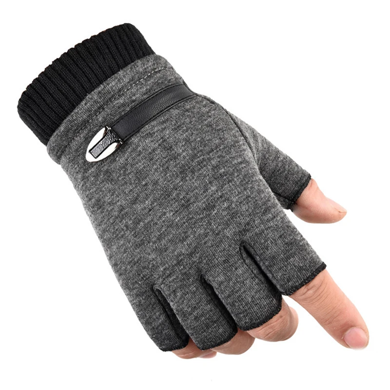 Man Autumn Winter Suede Plus Velvet Keep Warm Outdoor Sports Half-Finger Gloves Fashion Solid Elasticity Drive Cycling