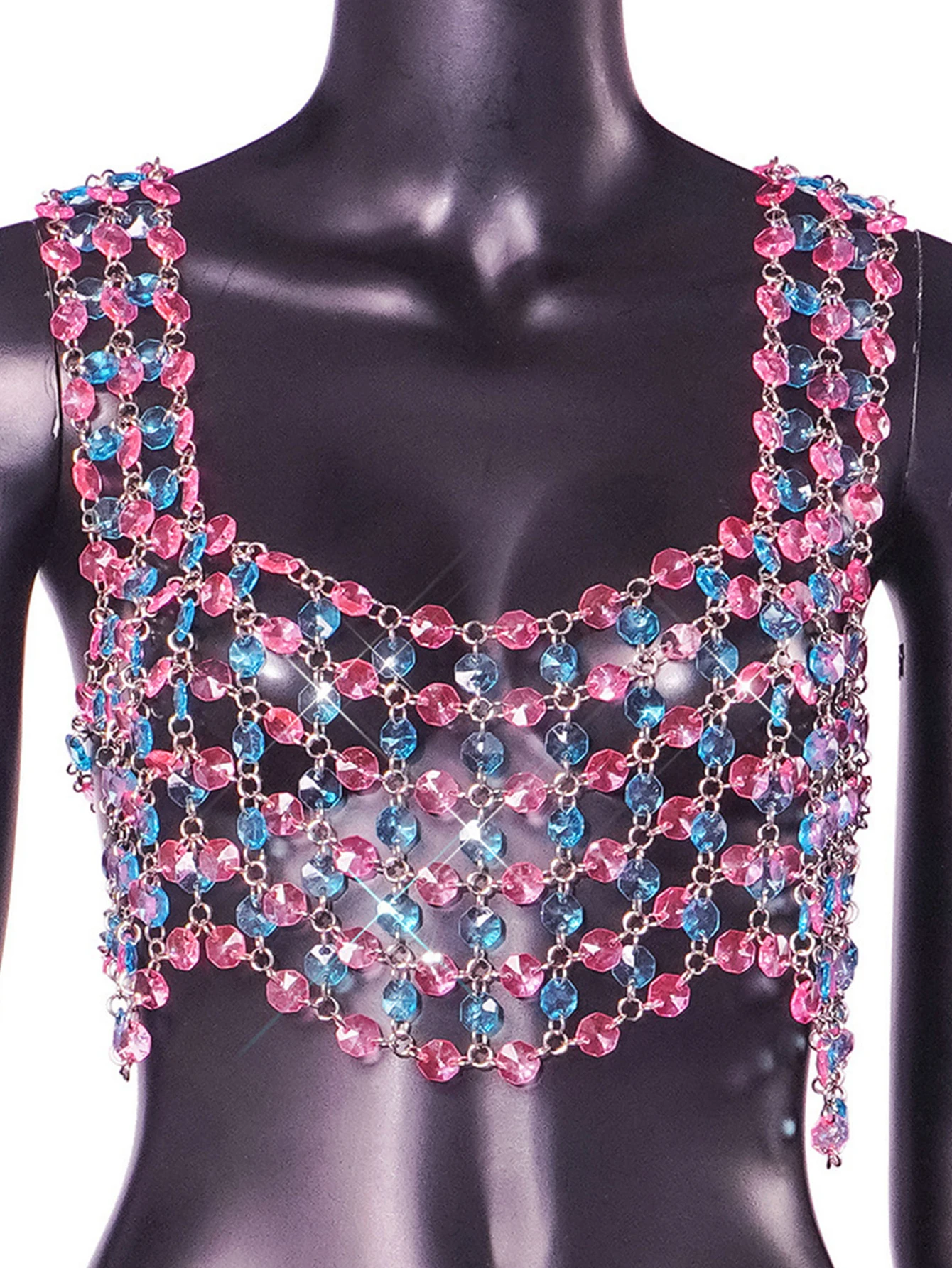 Sexy see through metal rhinestone Crop top women summer halter beach party tank top Club rave festival outfit cropped y2k Tops