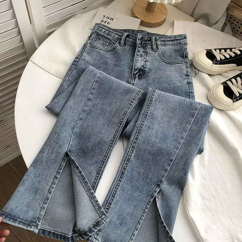 Dżinsy damskie z wysokim stanem, proste nogawki, długie spodnie, lekko rozszerzane spodnie z rozcięciem, długie do podłogi, luźne, plus size.