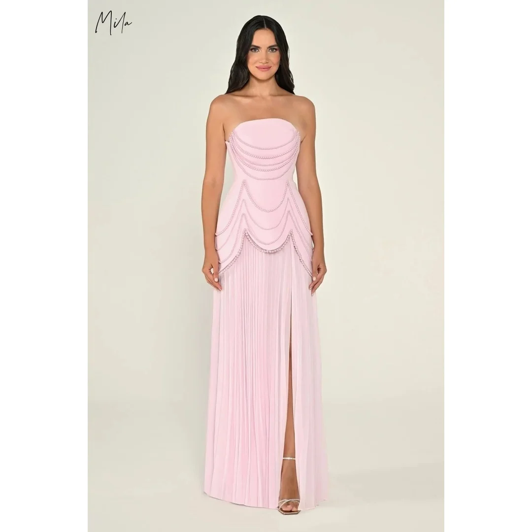 밀라 스트랩리스 진주 장식 플리츠 하이 슬릿 맞춤형 정장 이브닝 드레스 롱 드레스 우아한 프롬 드레스