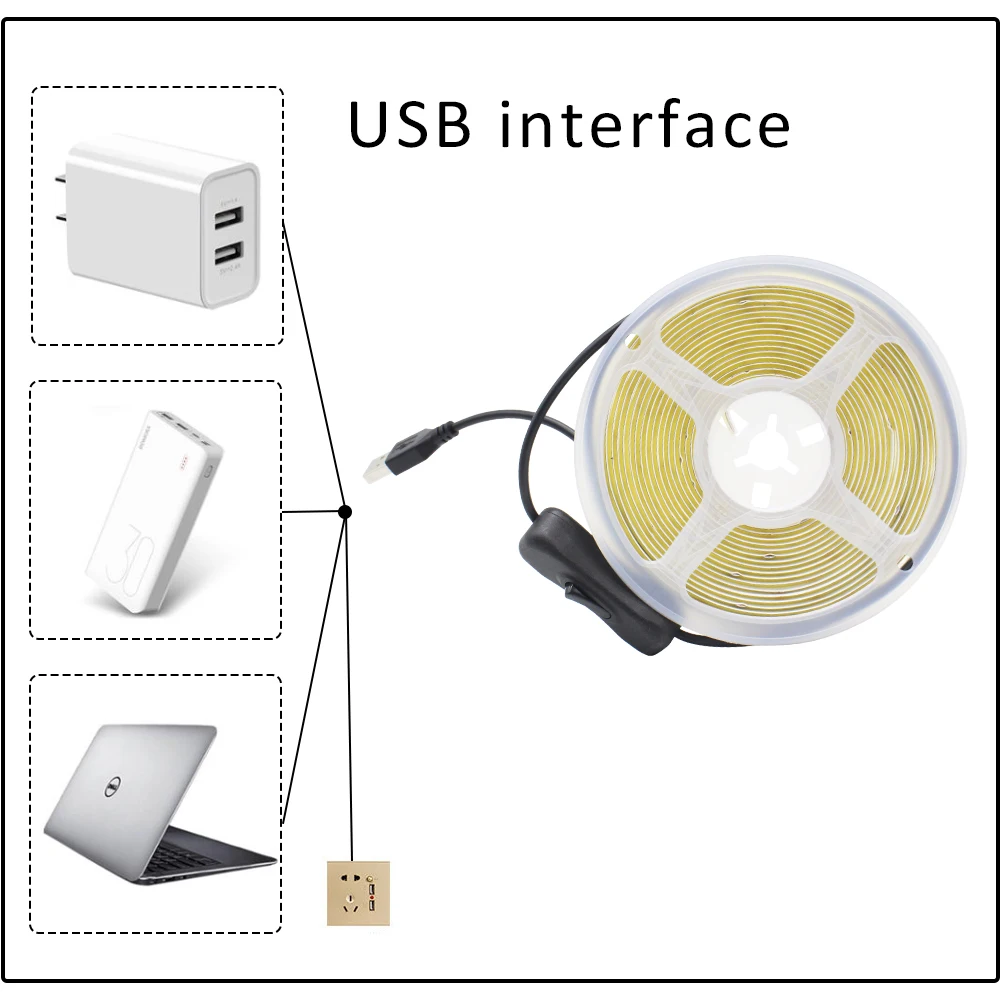 DC5V COB LED Strip Light 304 Switch ON OFF USB Flexible Ribbon Kitchen Under Cabinet Bed Side Lighting Warm Cool White Tape Lamp