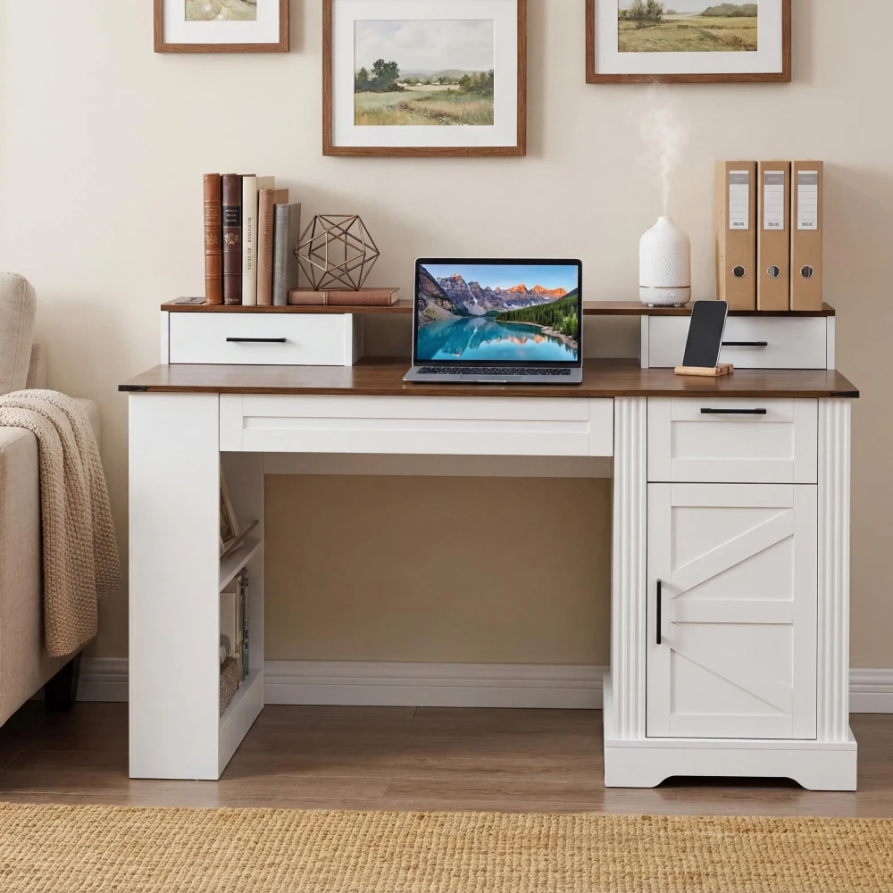 

"55\" Farmhouse Office Desk with Storage, Charging Station, Barn Door, Keyboard Tray & Pegboard for Home/Study, White"