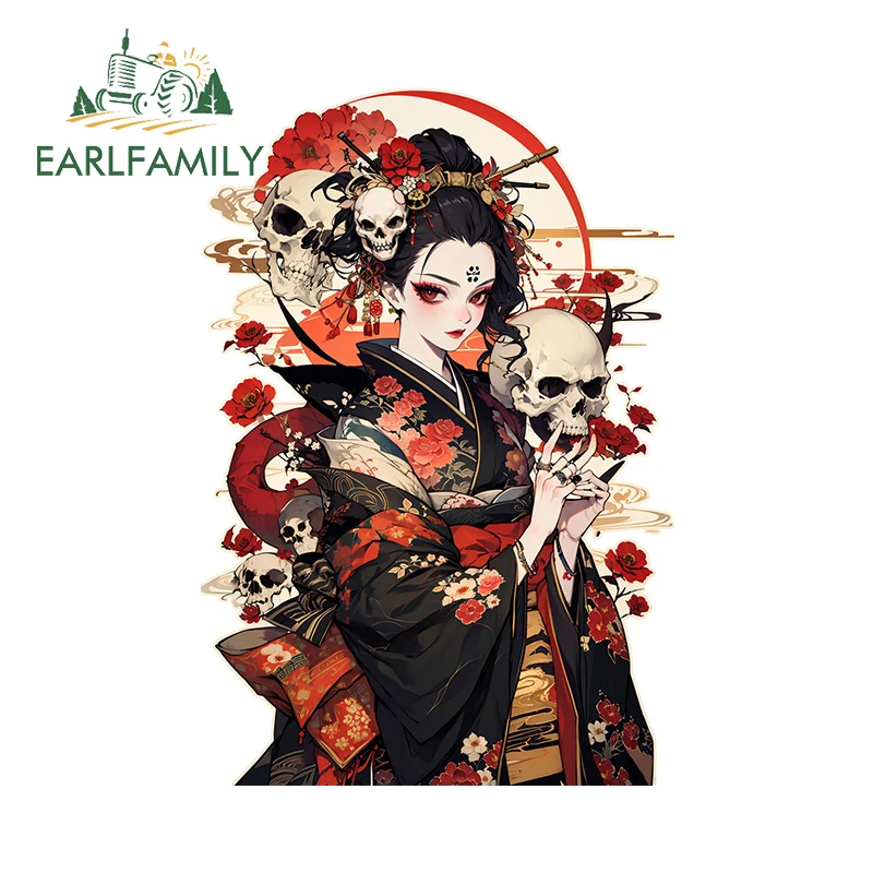 EARLFAMILY 13cm Japanese Woman Car Sticker Colorful Skull Printing Luggage Decal Creative Refrigerator Computer Car Styling