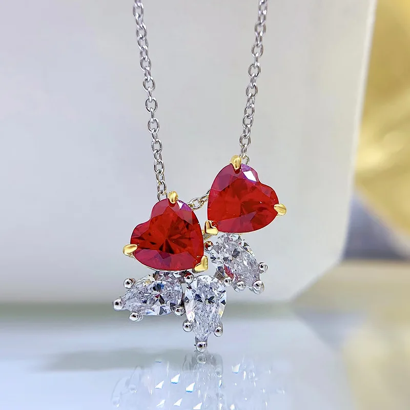 S925 Silver Dove Blood Red Ruby Necklace Sweet Heart shaped Pendant Wholesale for Children