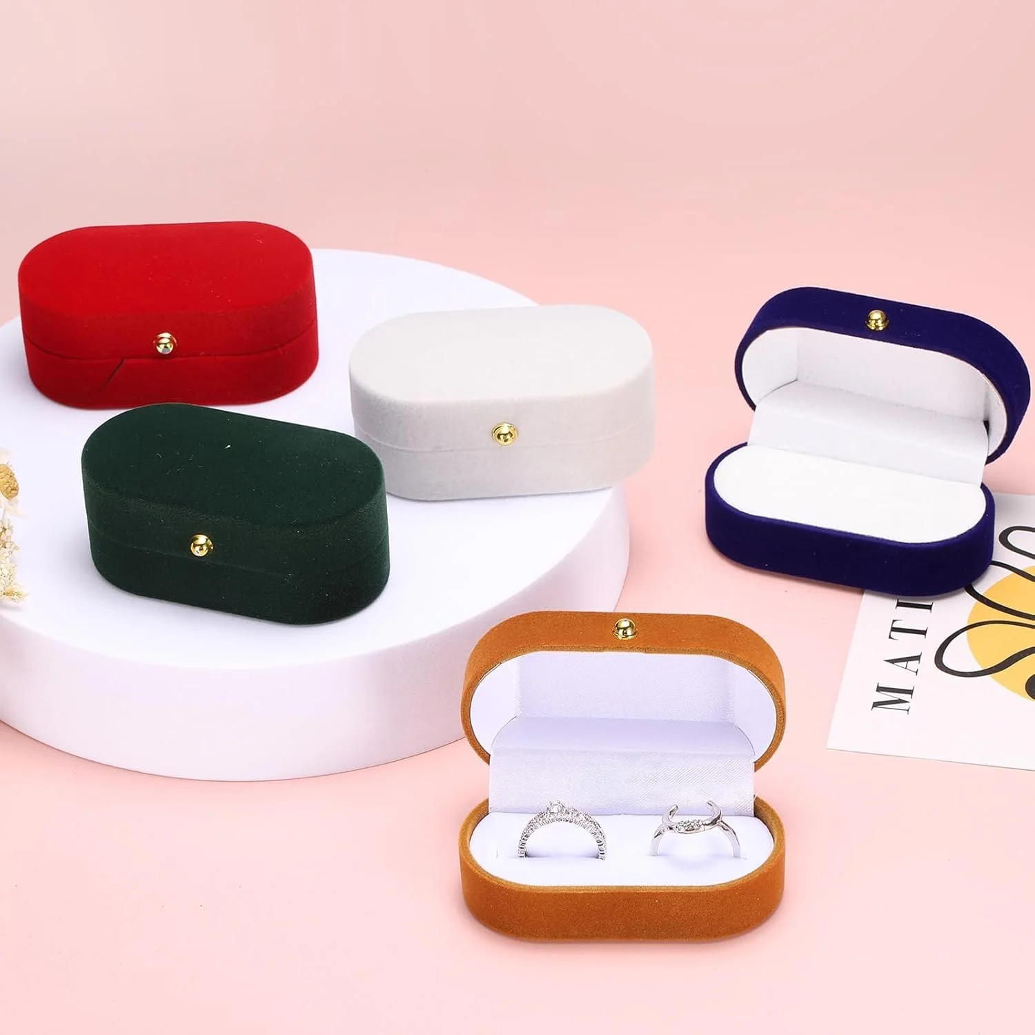 Caja de anillos de terciopelo vintage con ranura más amplia para 2 anillos, vitrina de joyería de viaje para propuesta de boda, foto nupcial, aniversario