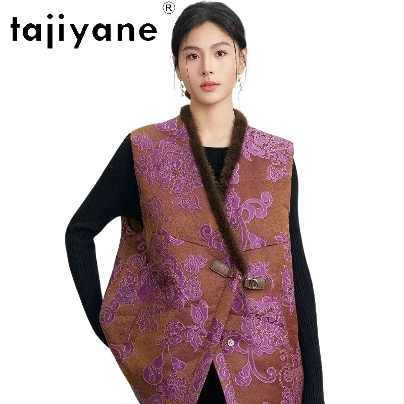 سترة نسائية فاخرة من TAJIYANE 90% بياقة من فرو المنك بدون أكمام معاطف جاكار سترة شتوية 2025 ملابس نسائية