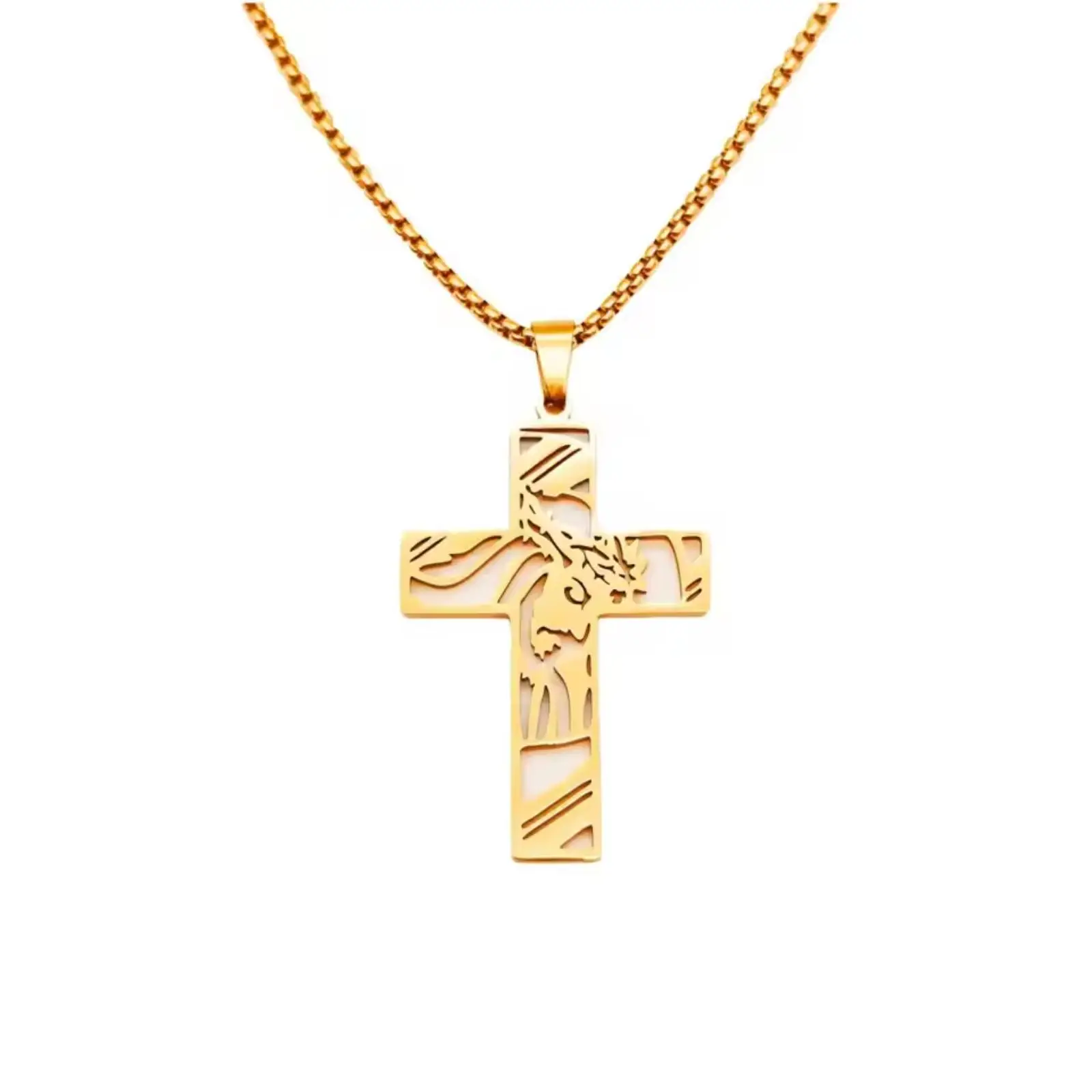 Jesus-Kreuz-Halskette aus Edelstahl mit Dornenkrone-Anhänger, religiöser christlicher Halsketten-Schmuck für Männer, Geschenk – Detail 1