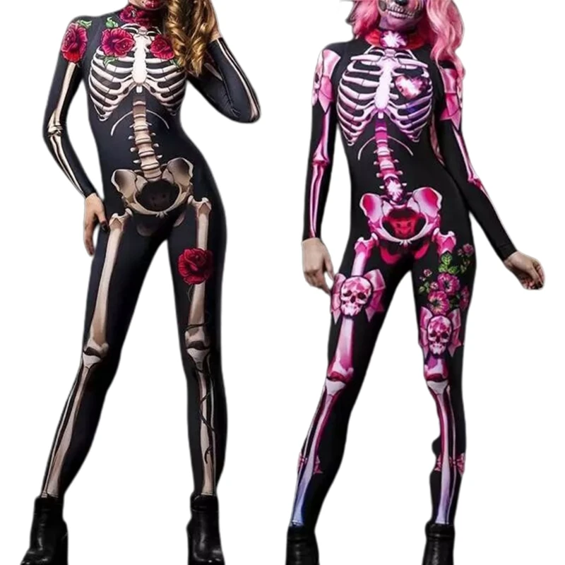 

Women's Skeleton Print Jumpsuit 3D Stretch Bodysuit Halloween Cosplay Costume Skull Catsuit Gift for Adults Teen