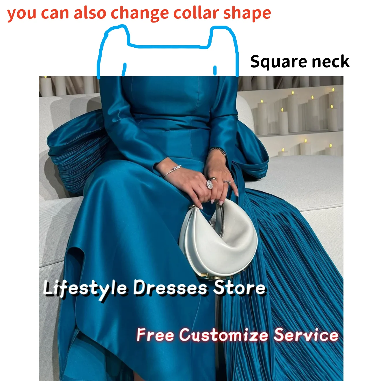 Round Neck Customized Long Sleeves Satin Evening Dresses Back Oversize Bow Prom Gown Wedding Party Dress Chic Formal Dress