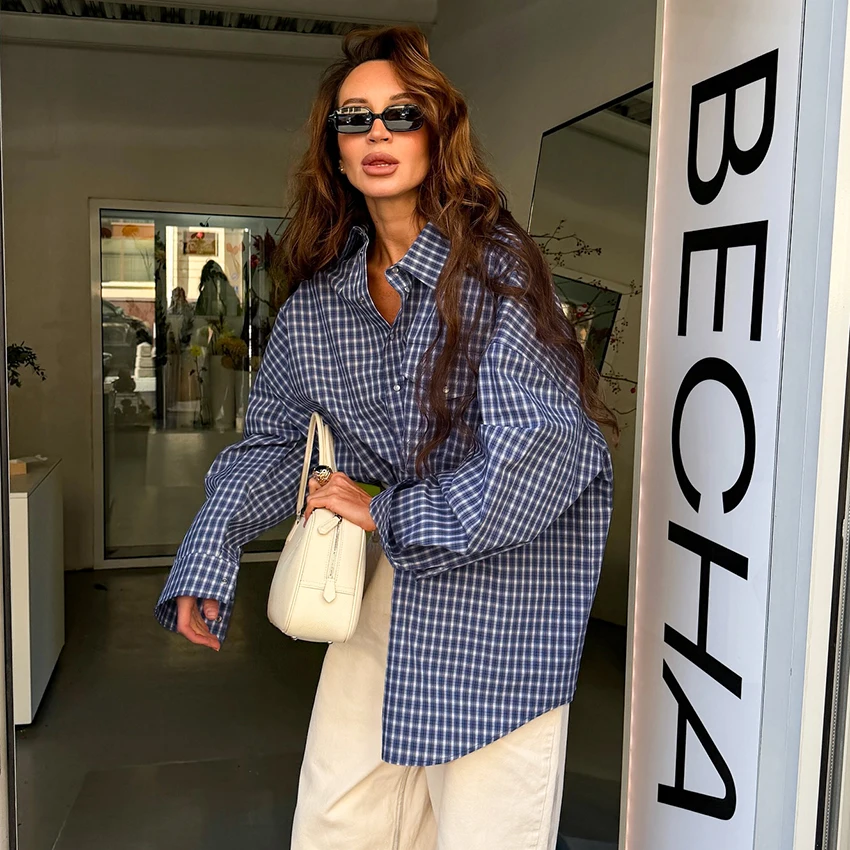 Linad Street Chic Check With Pocket Shirts Vintage Single Breasted Blouse Woman 2025 Autumn Cotton Long Sleeve Tops Women Casual