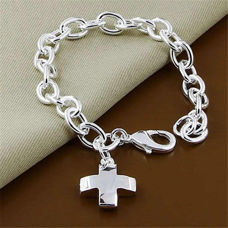 

925 Sterling Silver Solid Cross Pendant Bracelet For Woman Man Charm Wedding Engagement Party Fashion Jewelry