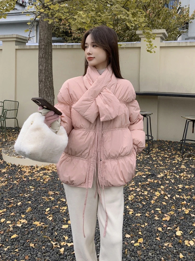 Winter Short with Scarf Lace Up Down Jacket Women White Duck Down Solid Drawstring Down Jacket Female Thick Warm Parker Outwears