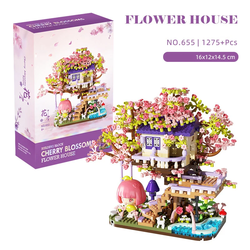 Idea Micro Diamond Block Cherry Blossom Flower House Building Bricks Treehouse Nanobricks Streetscape Construction Toys For Gift