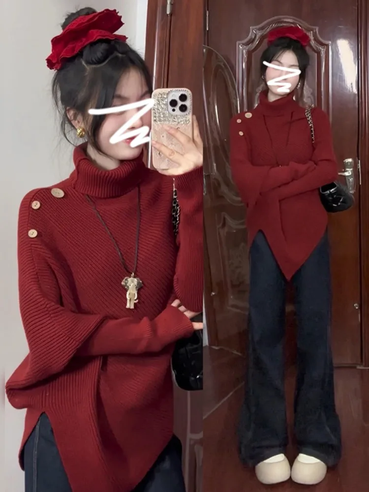 

Красный асимметричный свитер с высоким воротником, женский свободный вязаный топ «летучая мышь» в корейском стиле, повседневный, для Нового года