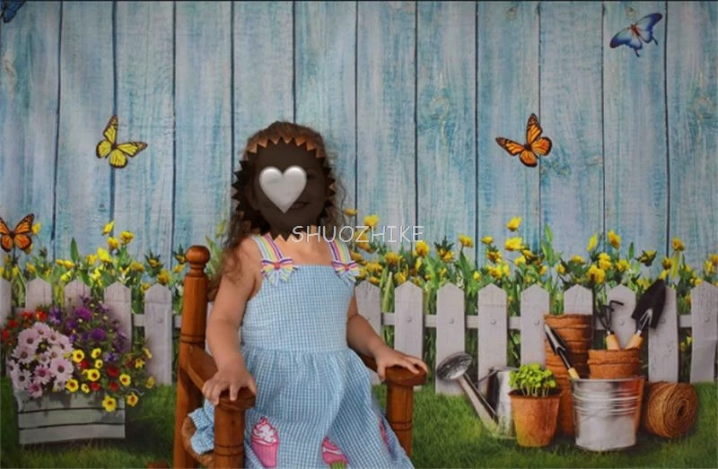 Easter Background Blue Wood Wall Fence Spring Green Grass Potted Flower Baby Kid Portrait Photography Backdrop For Photo Studio