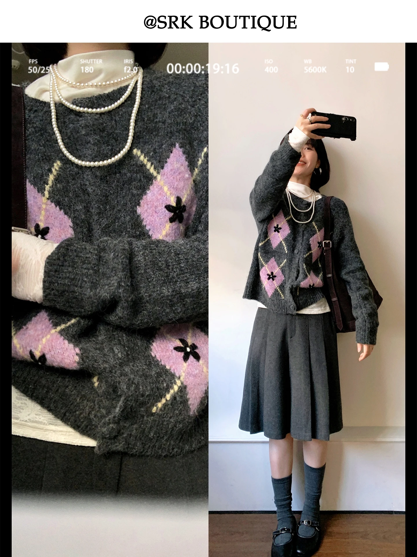 

SRK Vintage Knitted Open Cardigan Color Block Diamond Pattern Loose Slimming Grey Outerwear Women's Autumn Winter Fashion
