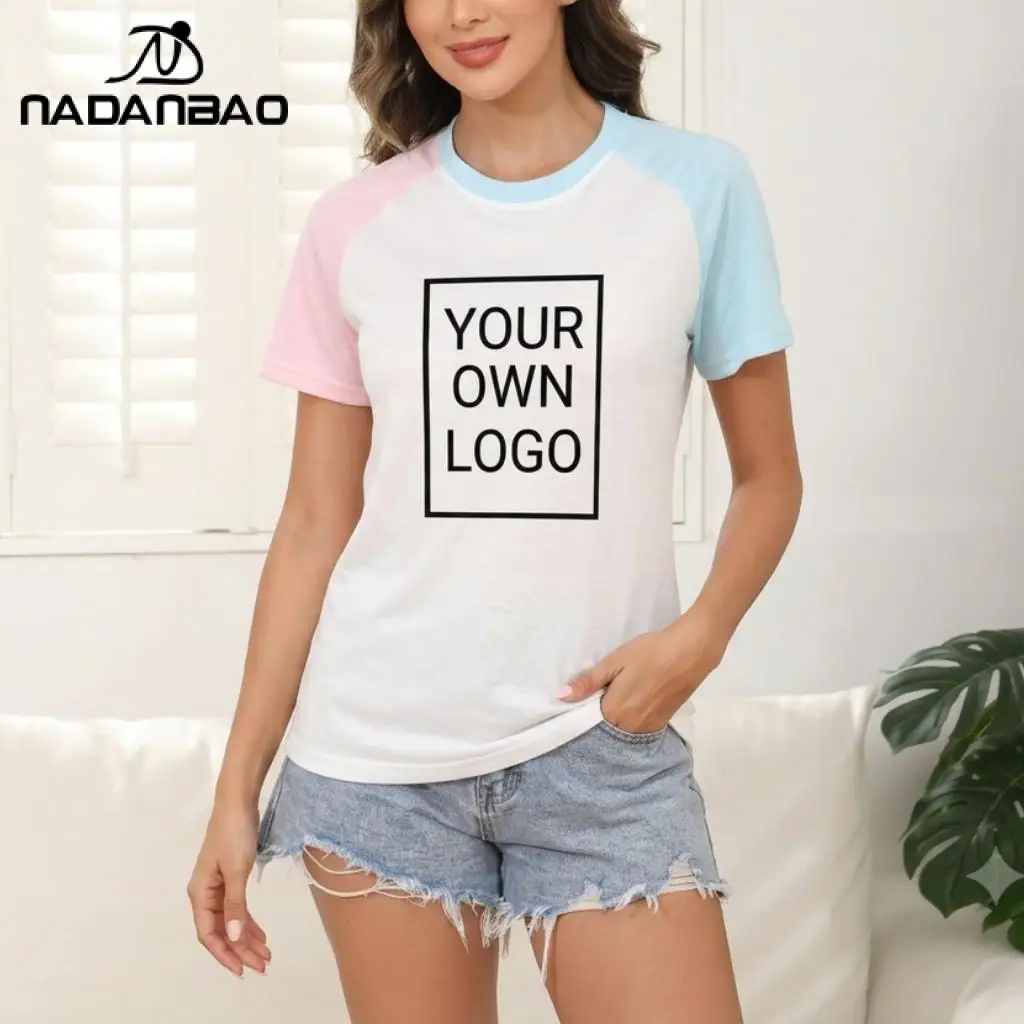 Nadanbao, camiseta personalizada con tu imagen en rosa y azul para mujer, camiseta de manga corta raglán, camiseta informal holgada personalizada para verano