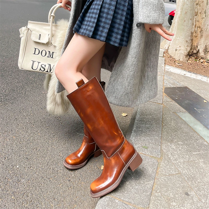 Meotina Women Genuine Leather Knee High Boots Round Toe Platform Thick Mid Heels Long Boot Ladies Fashion Shoes Autumn Winter