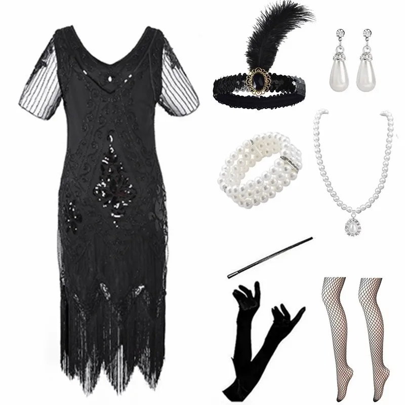 ชุดราตรี Loween 920S แบบ Gatsby ประดับเลื่อมและพู่ห้อย สไตล์เรโทร คอวี หรือแบบ Sve Ball Gown สำหรับงานเฉลิมฉลอง