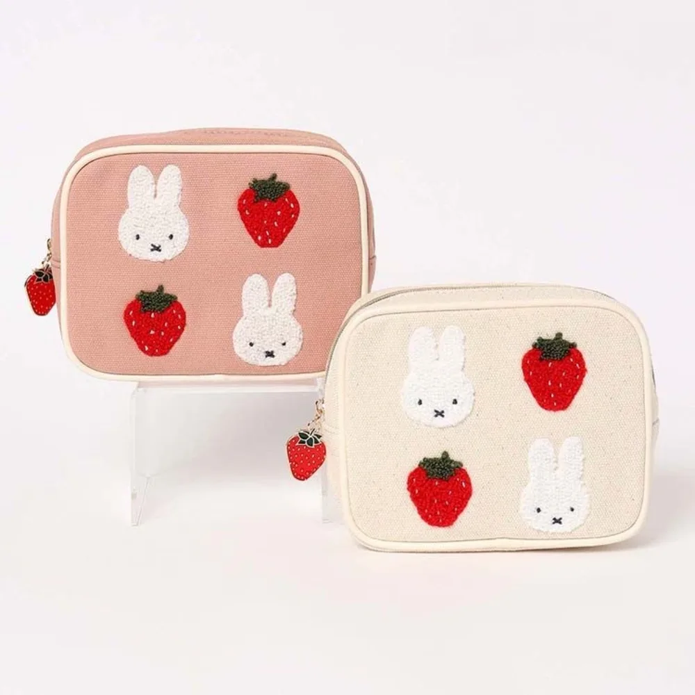 Strawberry Cartoon Kawaii Pink Square Makeup Storage Bag Portable Embroidery Fashion Canvas Lipstick Pack Plush