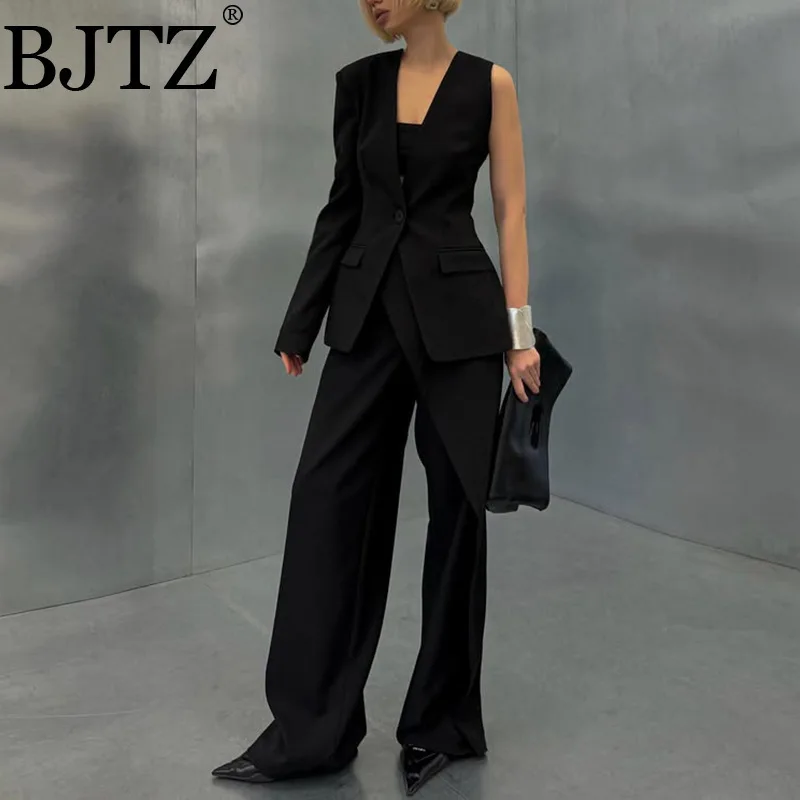

BJTZ Street Style Luxury Suit 2025 New Style With Single-sided Sleeves, Irregular Small Suit, High Waist And Wide Leg Pants