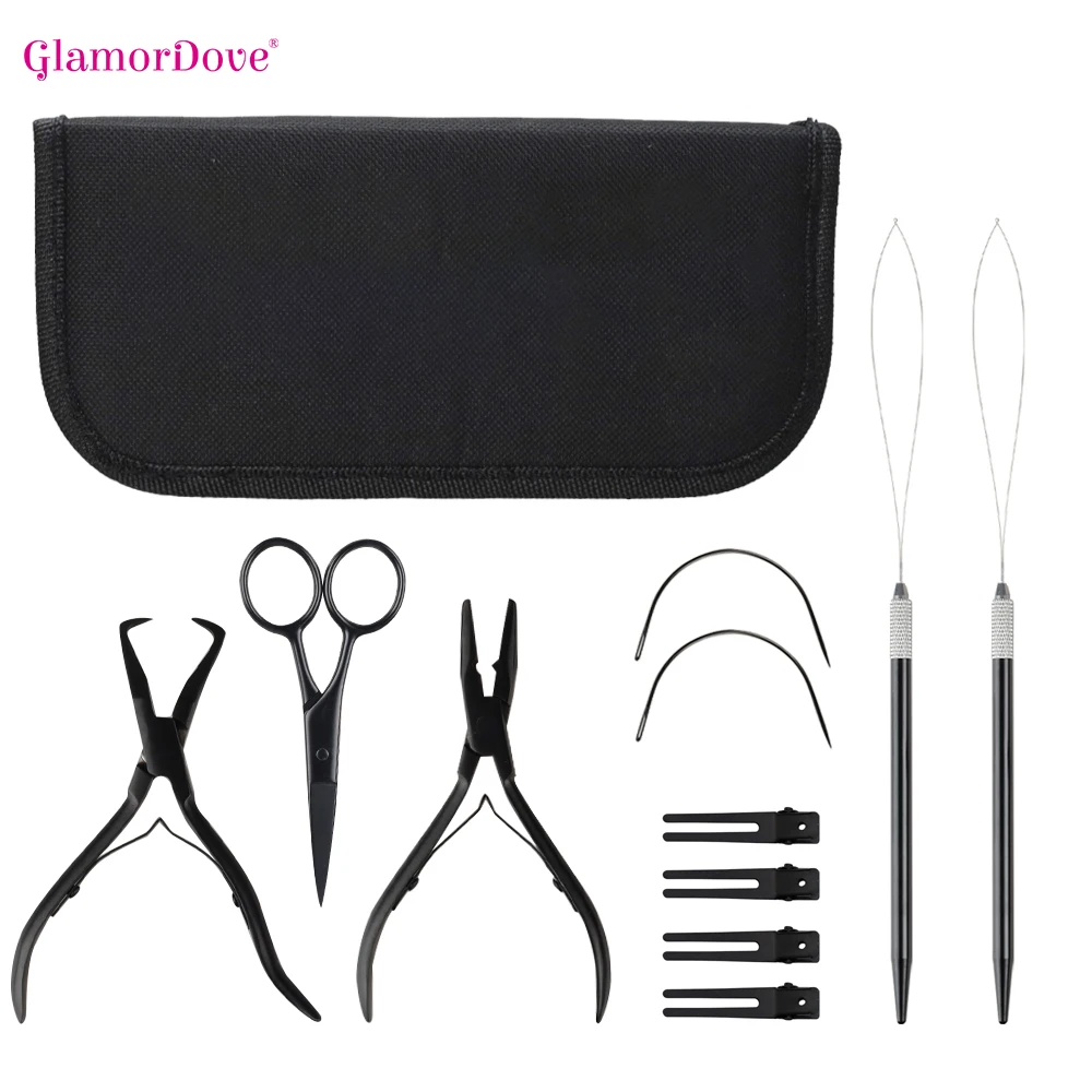 GlamorDove Hair Extension Plier Set – Micro Ring Applicator, Opener Pliers, Loop Tool, Metal Clips & Scissors for Weft Hair