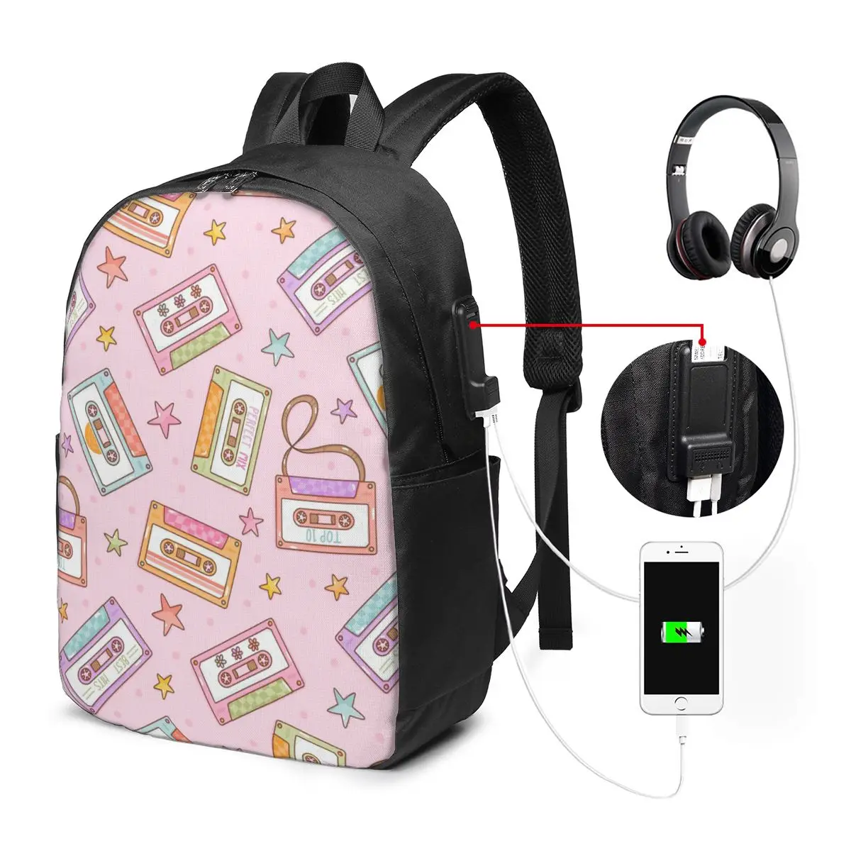 Compact Cassette Cartoon Pattern Backpack Travel Notebook Bag Computer College Student School Bag Laptop Shoulder Bags Men Women