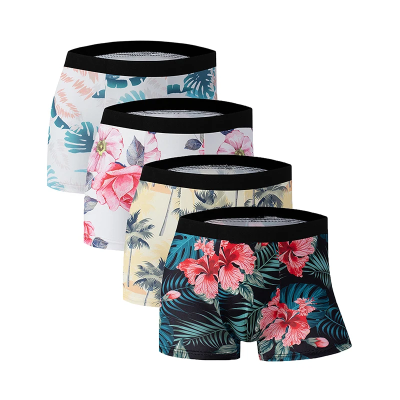 

Мужские персонализированные шорты-боксеры с цветочным принтом из 4 предметов, удобное мягкое эластичное нижнее белье, мужское сексуальное нижнее белье