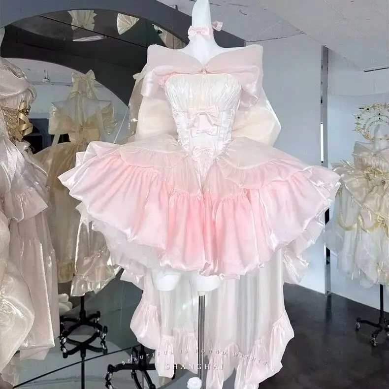 Original Sweet Princess Adult Ceremony Birthday Dress High Waist Sexy Off Shoulder Strapless Large Bow Trailing Women Puff Dress