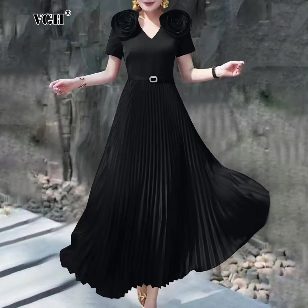 

VGH Solid Elegant Spliced 3D Rose Dress for Women V Neck Short Sleeve High Waist Patchwork Sashes Pleated Mid Dresses Female New