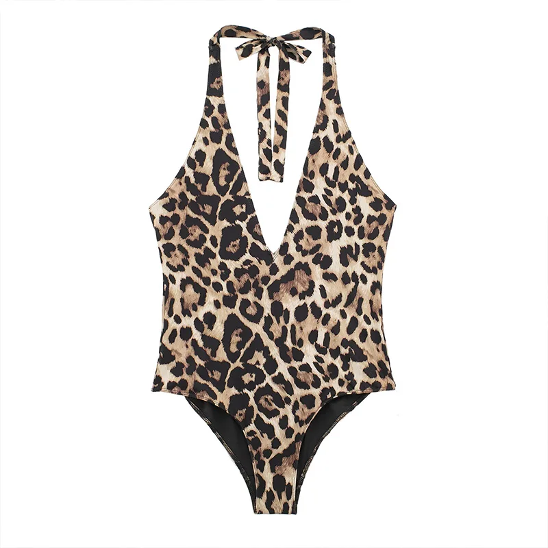 Summer Women's One-piece Animal Print Hanging Neck Neck Swim Trunks 2024 New Casual Backless Sexy Swimwear