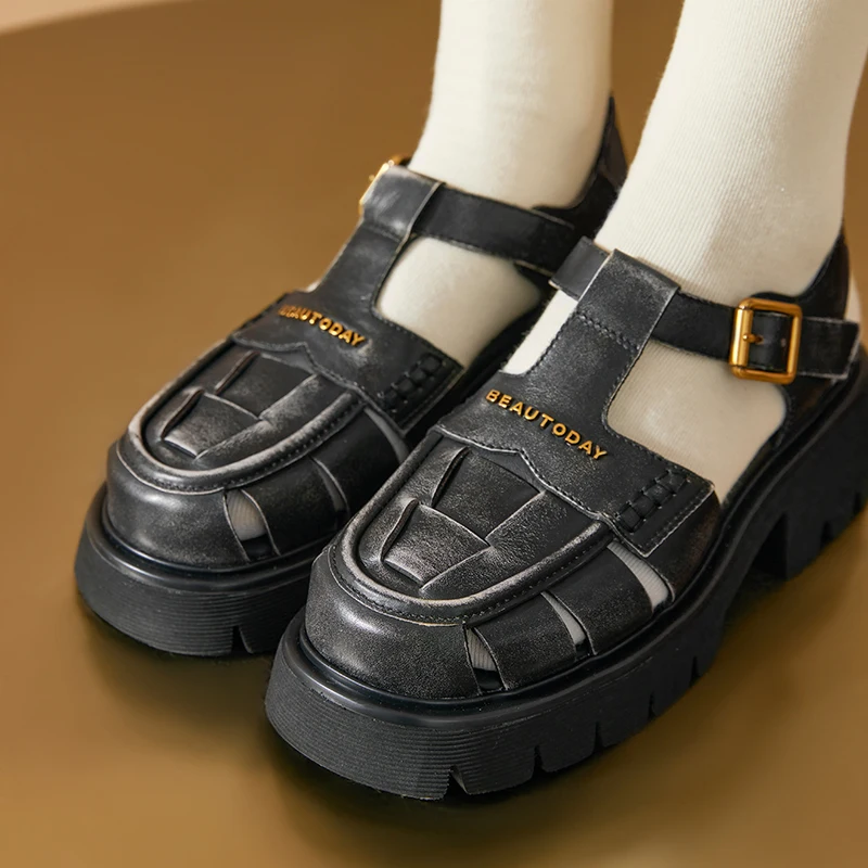 BEAUTODAY Gladiator Platform Sandals Women Solid Buckle T-Strap Thick Sole Retro Rome Summer Beach Ladies Shoes Handmade 38260