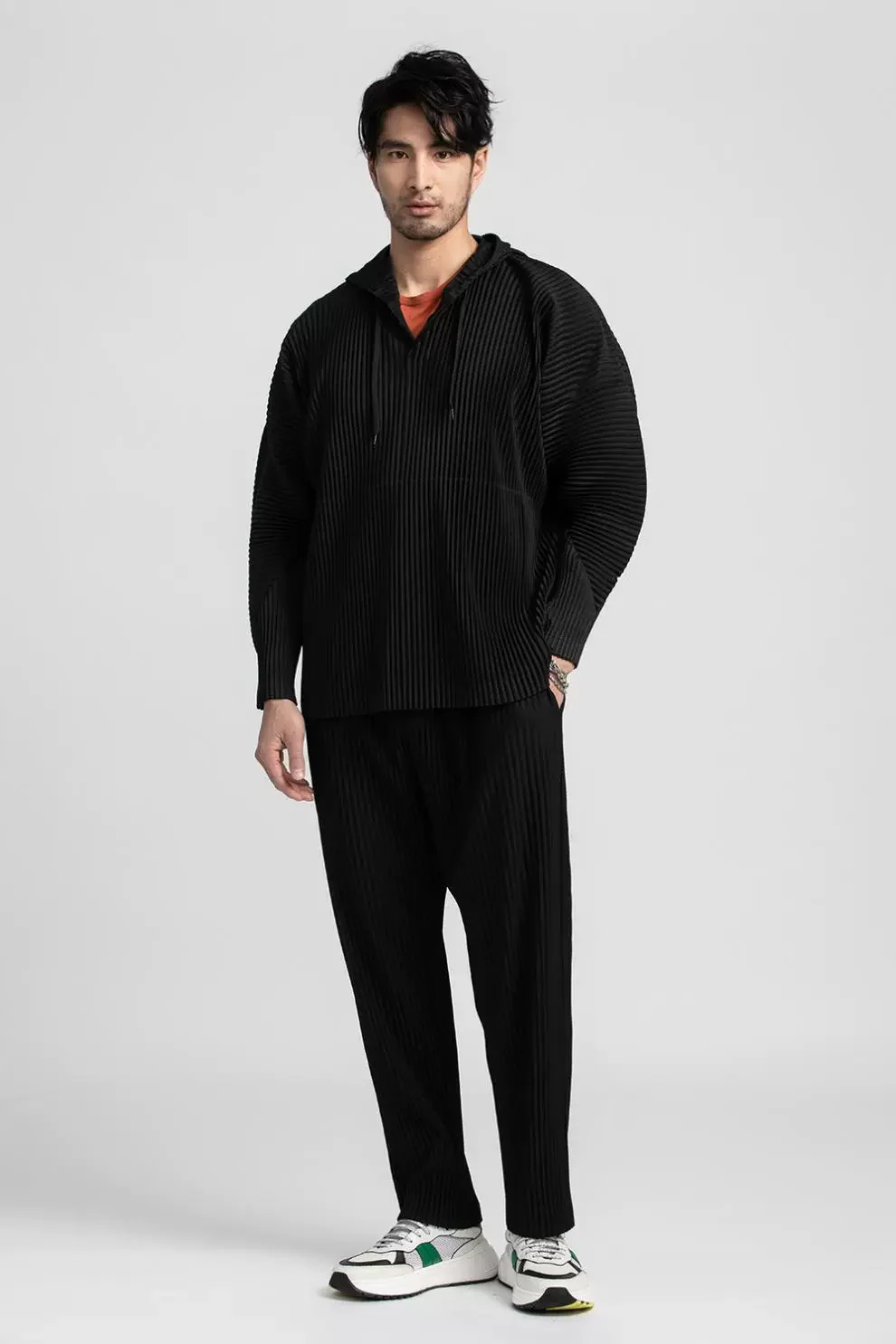 Miyake Pleated Hoodies For Men Breathable Loose Drawstring Casual Top