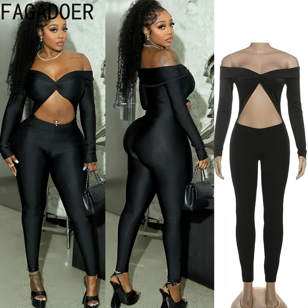 

FAGADOER Y2k Sexy Hollow Out Bodycon Jumpsuits Women Off Showlder Long Sleeve One Piece Rompers Female Club Party Overalls New