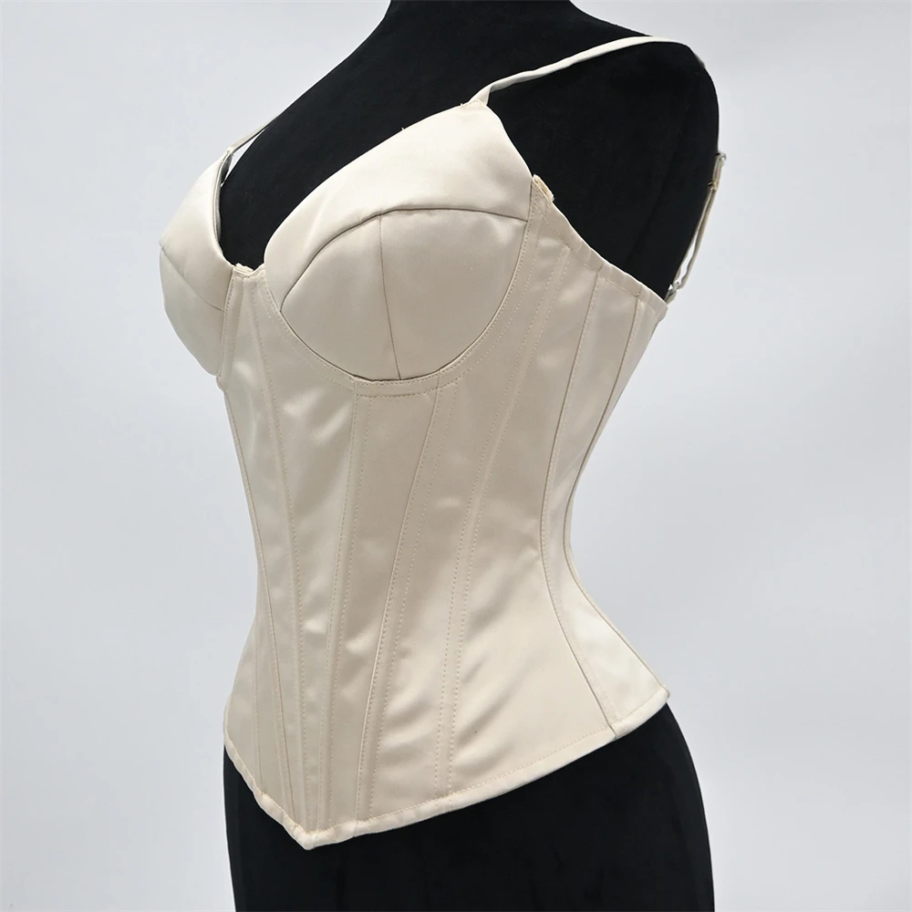 Women Luxury Champagne Satin Overbust Corset Top Sexy Spaghetti Strap Bustier Vest Body Shaper Fishbone Bodice