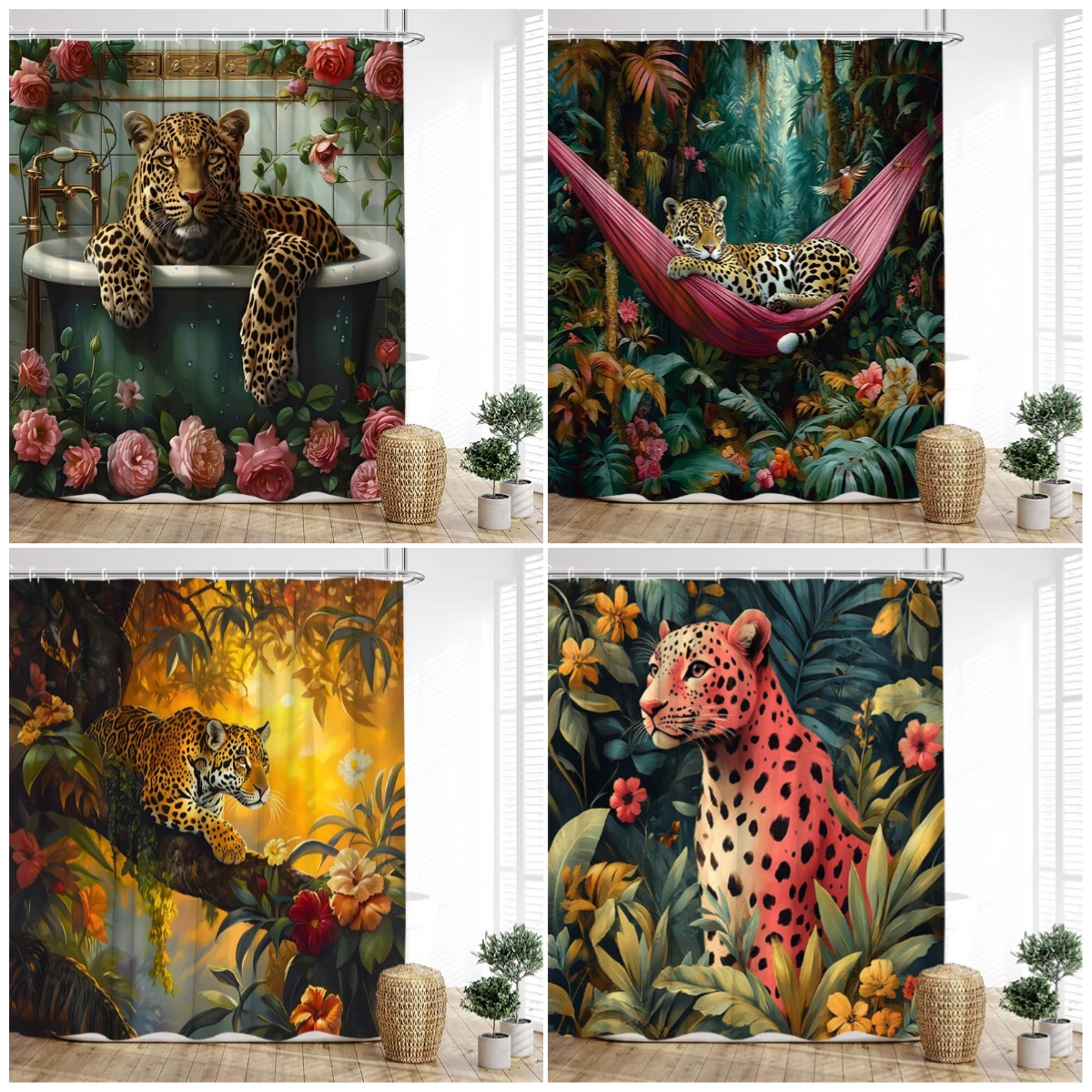 

Tropical Jungle Leopard Shower Curtains Wild Animals Floral Green Plants Modern Fabric Home Bathroom Curtain Decor with Hooks